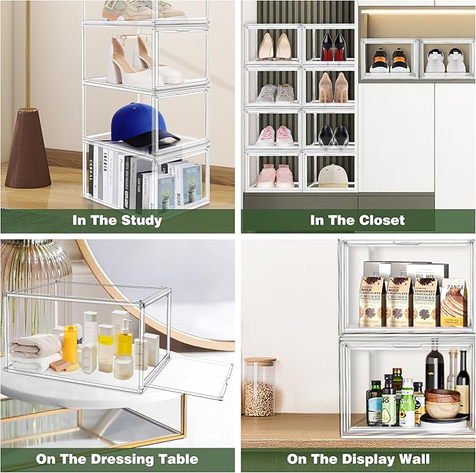 EDS FAM 1 Pack Drop Front Acrylic Shoe Boxes with Magnetic Door Fit US Size 12, Clear Stackable Shoe Organizer for Closet, Entryway, Underbed, Multiple Display Cases for Hats, Figures, Sneakers