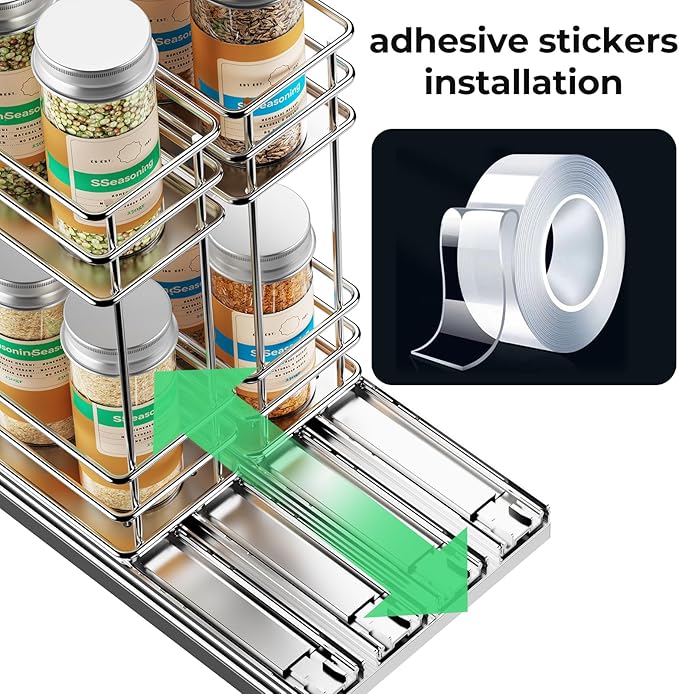 Pull Out Spice Rack Organizer for Cabinet, Slide Out Spice Racks, Easy to Install Spice Cabinet Organizers, 5.28" Wx10.43 Dx8.26 H, 2 Drawers 2 Tiers(Silver)
