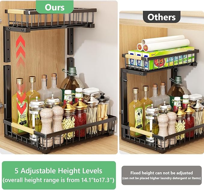 Under Sink Organizers,5 Adjustable Height，Metal Pull Out Under Sink Organizers and Storage Shelves with Sliding Drawer, Black, 2 Pack（Hight 13.6″-16.9″）