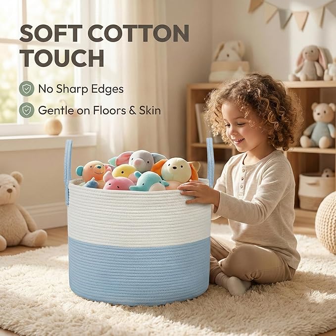 65L Extra Large Blanket Basket for Living Room - Woven Cotton Rope Laundry Hamper with Reinforced Handles - Storage Bin for Pillows, Comforters & Toys - Machine Washable,White&Blue