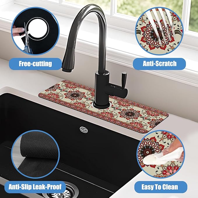 Sink Faucet Absorbing Mat Red Retro Boho Sink Splash Guard Drying Mat for Kitchen Bathroom Faucet Sinkmat 15.5"X5.5"