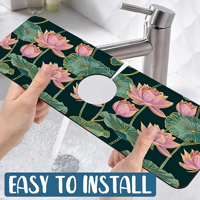 Lotus Pond Pattern Sink Splash Guard Faucet Mat Lotus Flowers Leaves Super Absorbent Fast Drying Mat Sink Gadgets-Splash Guard Behind Faucet Drip Catcher for Kitchen Bathroom, 15.5"x5.5"