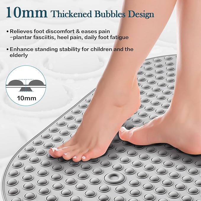Joiyota Silicone Bath Mat for Tub Non Slip, Bubble Massage Anti Slip Shower Mat with 27 x 15 Inches for Easy Storage, Washable Bathtub Floor Mats for All Ages, Grey, Oval