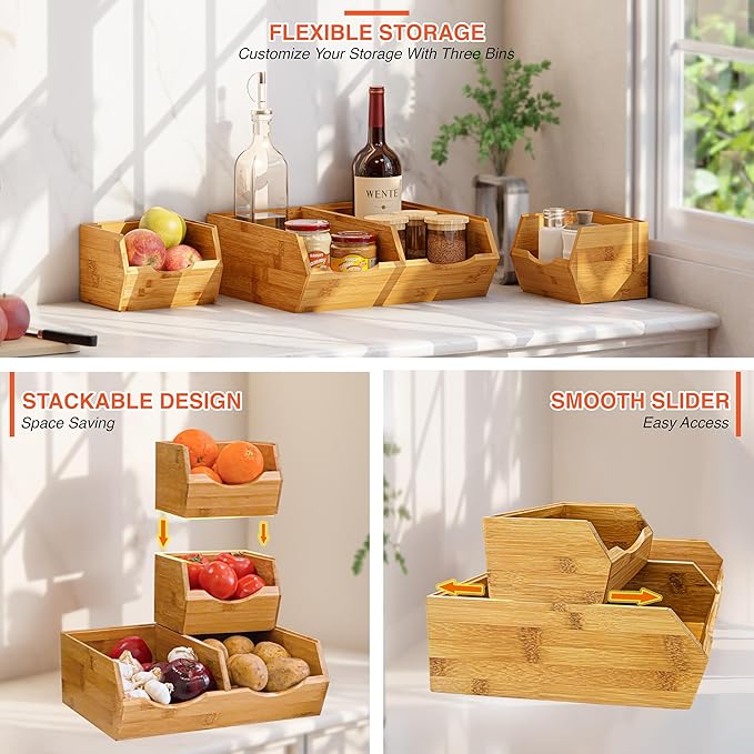 HOMESTEAD Bamboo Pantry Storage Bins – Potato & Onion Storage Bin for Pantry Organizers, Produce Organizer Set of 3 – Slide out Bin Access