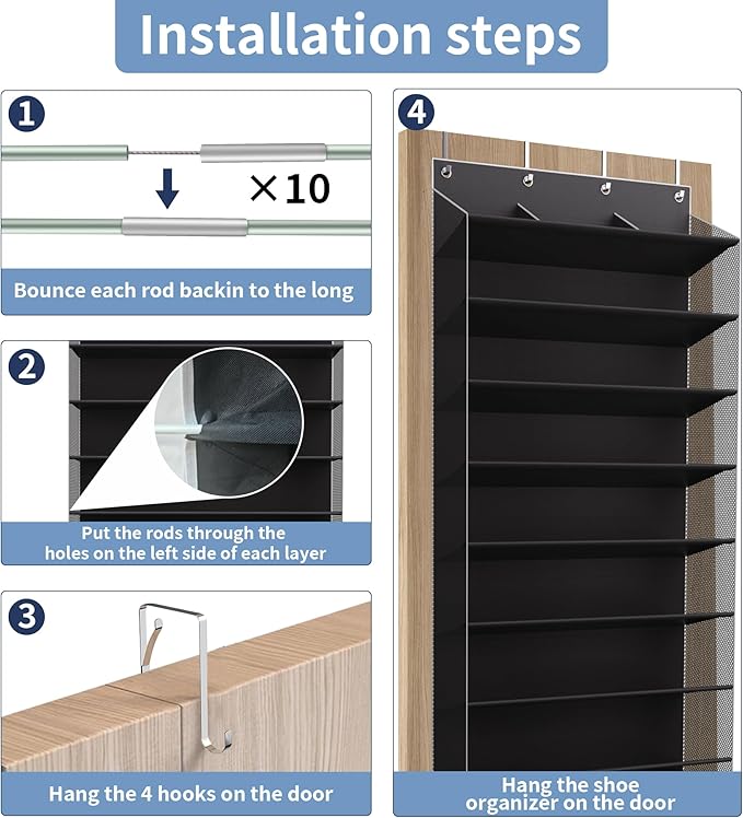 10-Tier Large Size Over The Door Shoe Organizer, Holds 30 Pairs Hanging Shoe Rack with Deep Pockets for Closet, Space-Saving Storage for Sneakers, Boots (Black)