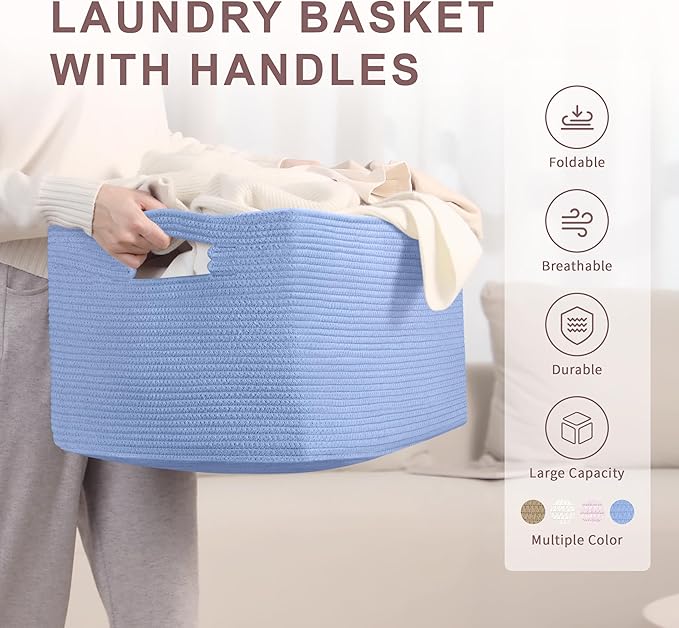 72L Large Baby Girls Laundry Basket for Nursery Storage,Cute Woven cotton Rope Baskets for Kids Toy，Gifts, Boho Square Wicker Blanket hamper for Living Room,Bedroom Dirty Clothes,Blue Purple