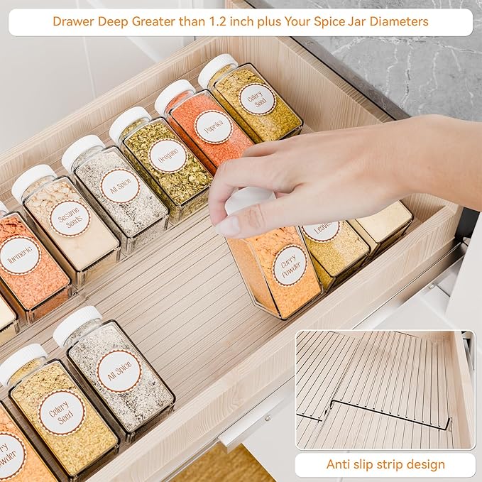 Yieach 4 Pack Adjustable Narrow Spice Rack for Drawer - Expandable From 9" to 17.7" - Acrylic Drawer Seasoning Organizer,Tiered Clear Spice Tray for Spices,Condiment,Nail Polish and Jar Organization