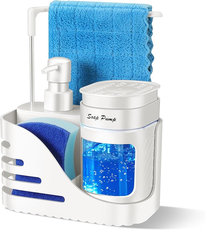 Kitchen Soap Dispenser Set, 4-in-1 Dual Hand and Dish Soap Dispenser with Sponge Holder and Dishcloth Holder for Kitchen Sink (White)
