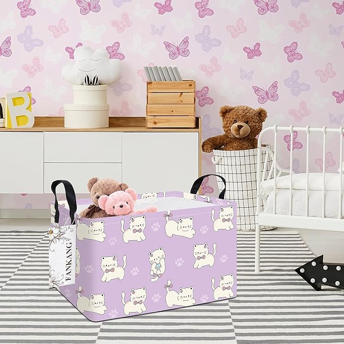 FANKANG Storage Bins,Nursery Hamper Canvas Laundry Basket Foldable with Waterproof PE Coating Storage Baskets for Boys and Girls, Office, Bedroom, Clothes,Toys(Rec-Cat ）