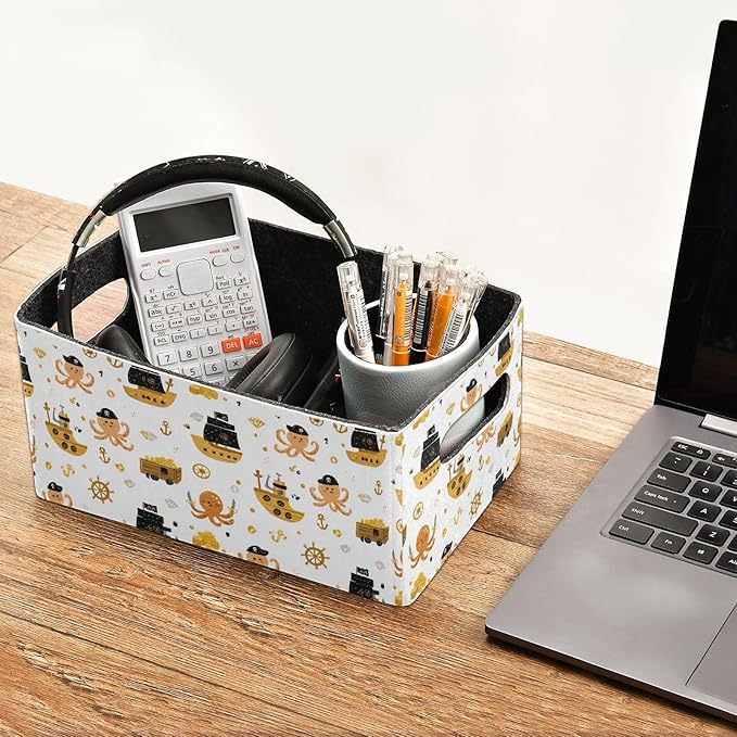 Closet Storage Bins 2 Pcs Felt Open Home Storage Containers Organizer with Handles Collapsible Shelf Basket for Home Office Craft Room Classroom Fabric Gold Pirate Octopuses Sailbat