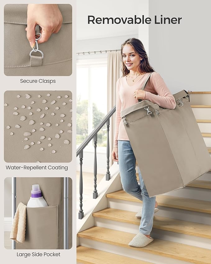 SONGMICS Laundry Basket with Wheels, 2-Section Rolling Laundry Hamper, 37 Gallons (140 L), Removable Liner, Steel Frame with Handle, 27.2 x 15.4 x 31.9 Inches, Camel Brown URLS004N01