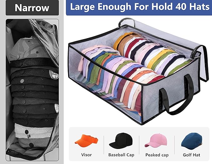 AOODA Hat Storage for Baseball Caps, Large Holds up to 40 Caps Wide Hat Organizer for Closet Snapback Holder, Grey