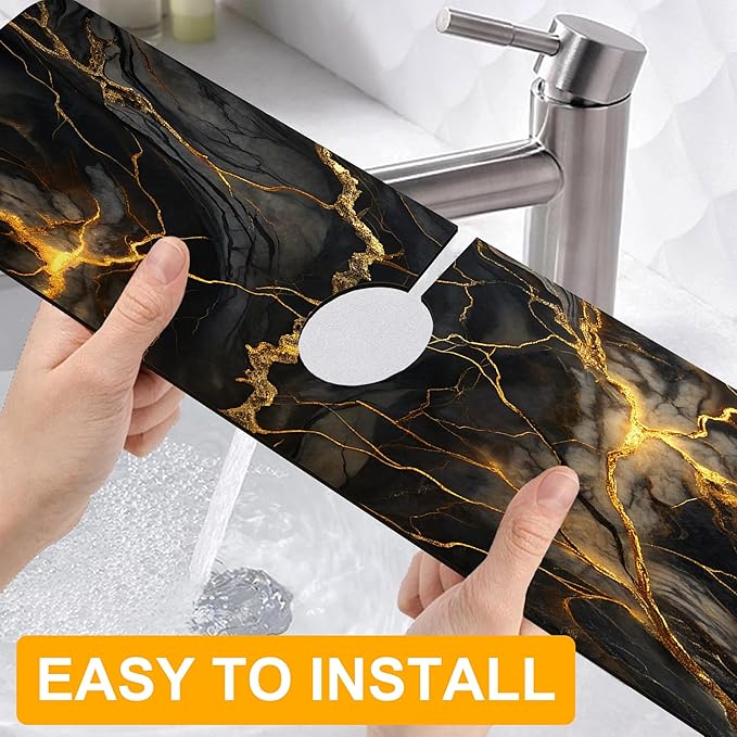 2 Pack Marble Texture Sink Splash Guard Faucet Mat Liquid Gold Marble Texture Super Absorbent Fast Drying Mat Sink Gadgets-Splash Guard Behind Faucet Drip Catcher for Kitchen Bathroom, 23.5"x5.5"