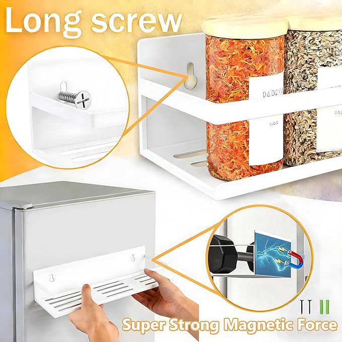 Magnetic Spice Rack for Refrigerator Seasoning Organizer for Spice Fridge Shelf storage Magnetic Shelf with Hook for Oven(4pack-Cut out-White)