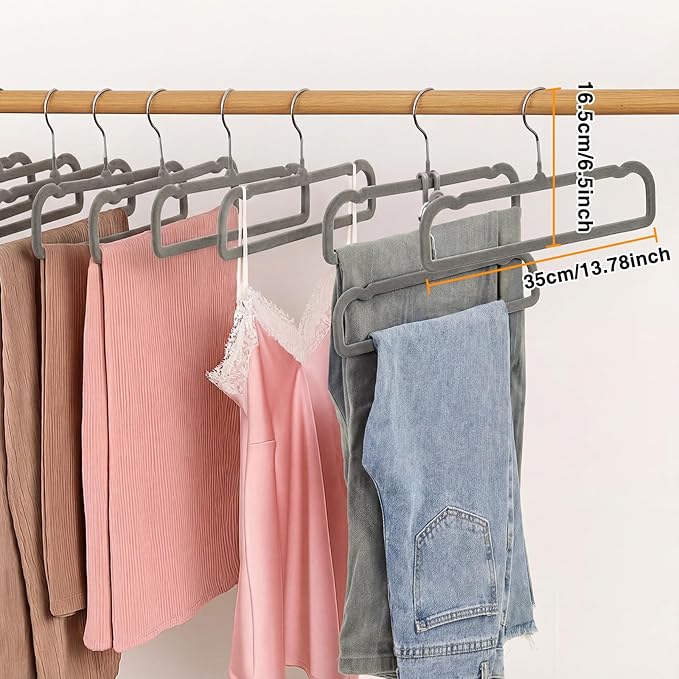 60 Pack Grey Velvet Pants Hangers with 60 Hooks Non Slip, Felt Trouser Hanger for Closet, Thin Space Saving Clothes Hanger, Strong, Durable, 360 Degree Rotatable Hook for Tank Top, Shorts