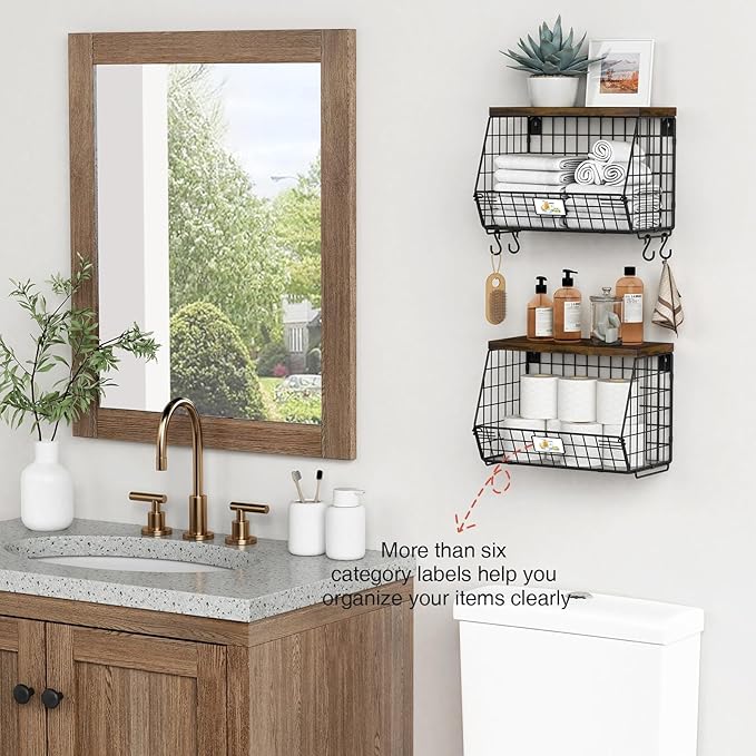 Hanging Wall Fruit Basket for Kitchen Counter 2 Pack, Stackable Wire Baskets for Organizing with Wood Lid, Potato and Onion Storage Bin with Banana Hook for Vegetable Produce, Black + Rustic