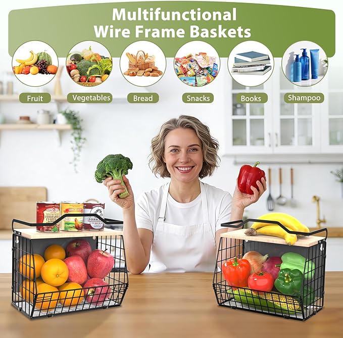 Magnetic Shelf for Fridge with Wood Lid, 2 Tier Fruit Baskets Wall Mounted Hanging Basket with 4 Hanger Hooks, Potato and Onion Magnetic Storage Bins for Kitchen Counter, Refrigerator, Cabinet