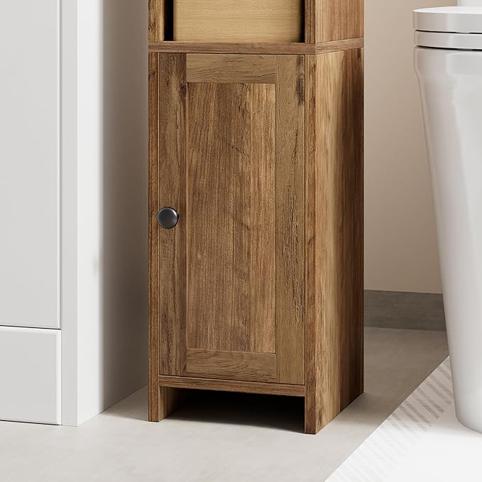 Homhedy Small Bathroom Storage Corner Floor Cabinet with Door and Shelves, Beside The Toilet Paper Stand for Skinny, Narrow Toilet Paper Cabinet, 7.9" D x 7" W x 31" H, Rustic Walnut