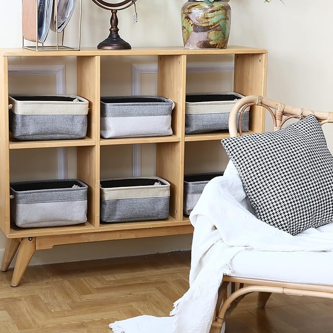 Sea Team 3-Pack Small Storage Basket Set, Storage Cube Organizer, Storage Bins, 12 x 8 x 5 Inches, Rectangle Canvas Fabric Collapsible Shelf Box with Handles for Kids Room (Grey/Beige)