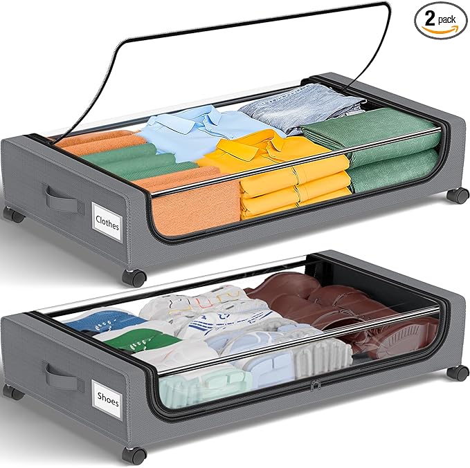 GoMaihe Under Bed Storage with Wheels: XXL Underbed Storage Containers with Lids - Rolling Bins for Shoes Clothes in Dorm Bedroom - Metal Drawers Easy Pull-out Grey 2-Pack