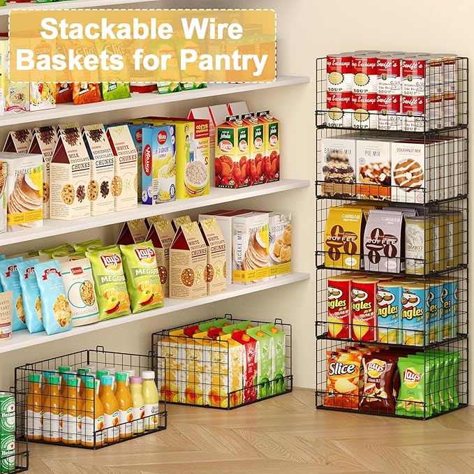 5 Pack Stackable Wire Baskets for Pantry Organizers and Storage, Large Pantry Baskets for Snack Organizer, Foldable Metal Storage Bins for Organizing Snack Can Fruit Vegetable & Toy