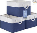 Large Storage Baskets- 15x11x10 inch Storage Bins for Shelves and Closet Organizing, Foldable Fabric Bin for Home Organization Clothes and Laundry (3-Pack, White&Blue)