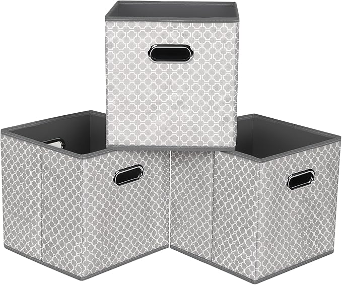 Fabric storage bins Cubes, Fabric Cube Organizer with Handle, Foldable Cube Bins for Cloth or Accessary Storage, 11x11x11, Set of 3, (Light Grey)