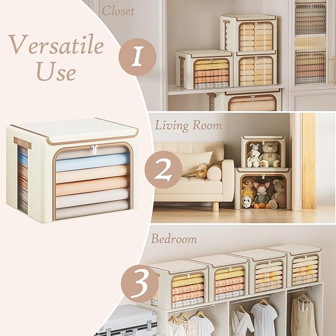 Yecaye Clothes Storage Bins with Metal Frame, Foldable Clothing Storage Bin with Lid, Stackable Oxford Fabric Organizer Box With Clear Window & Zippers & PU Leather Handles (3 Pack,Beige,40L)