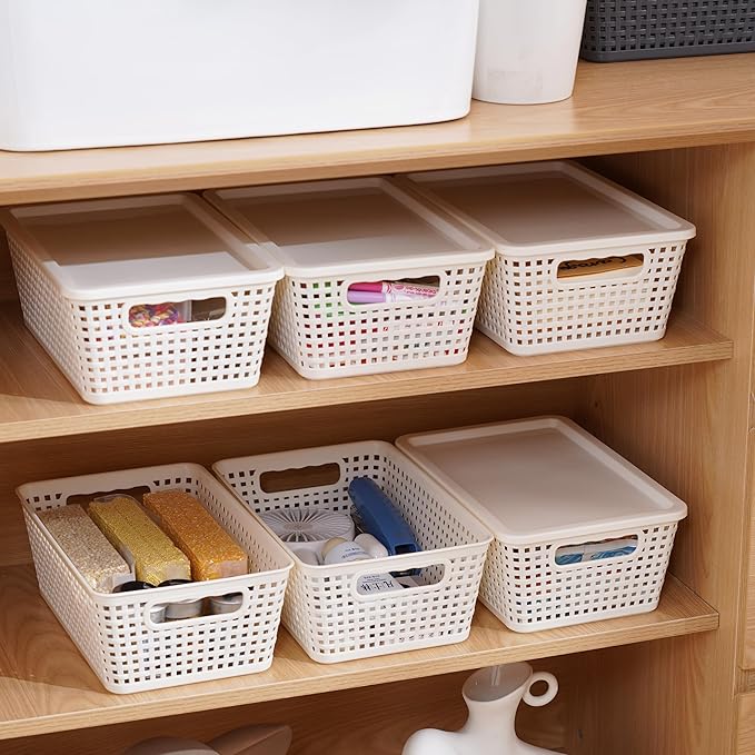 Plastic Storage Baskets With Lid, Storage Bins for Organizing, Stackable Decorative Containers for Shelves Drawers Desktop Closet Playroom Classroom Office, 8 Pack-White