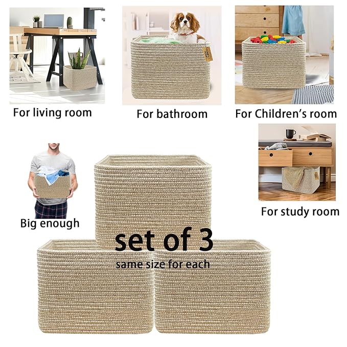 COMFY-HOMI 3Pack Small Woven Cotton Rope Basket for Organizing, Gift Baskets for Handles, Empty Gift Baskets, Medium Rope Basket|13.5" x 11" x 9.5" home decor for Living Room, Bathroom
