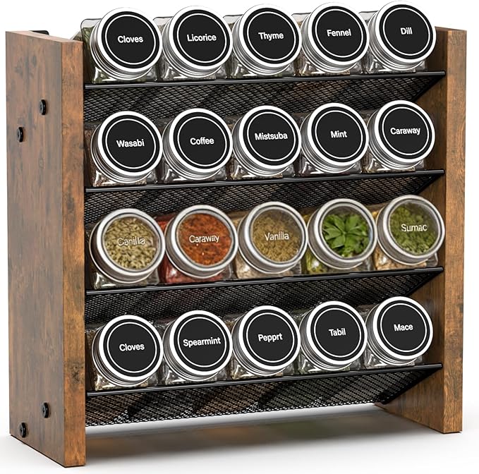 NESAPTO Spice Rack Organizer for Cabinet, Wooden 4 Tier Vertical Seasoning Organizers for Kitchen Pantry, Countertop/Wall Mount, Holds 20 Spice Jars (No Jars Included),10.3" W × 9.4" H