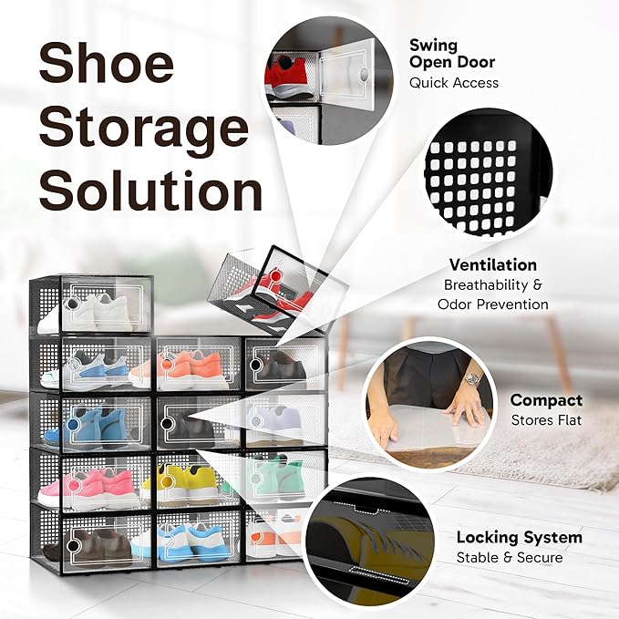 Reli. Shoe Boxes (14 Pack) | Clear Shoe Storage Boxes Stackable and Compact | Lightweight Plastic Storage Box with Ventilation Holes, Swing Door | Interlocking Containers, Stackable Rack | Black