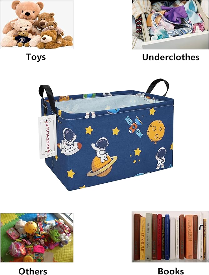 QUEENLALA Rectangular Laundry Hamper/Foldable Nursery Laundry Basket for Organizing/Storage Bin Baskets/Children Toy Office Bedroom/Toy Bin Closet Shelf Baskets（Rec-Yellow Star Astronaut）