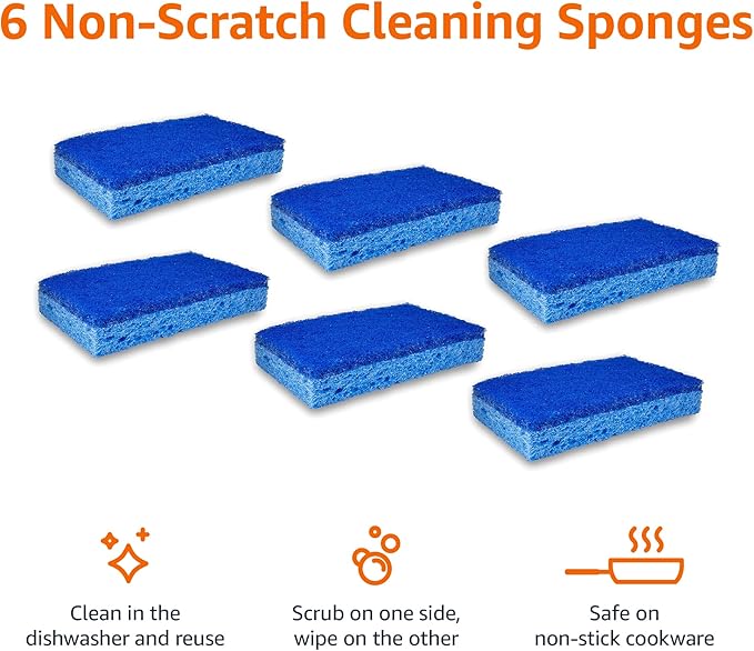 Amazon Basics Non-Scratch Scrub Sponges, Safe on Non-stick Cookware, Blue, 6 Count