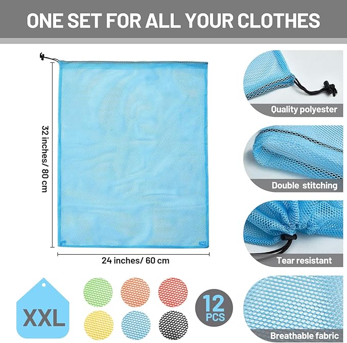 Berlune 12 Pcs 32 x 24 in Large Laundry Bags, Bulk Wash Set with Drawstring for Commercial Use, Dorms, Vacation Rentals, Laundromats, Apartments & Facilities Machine Washable Drawstring Pouch