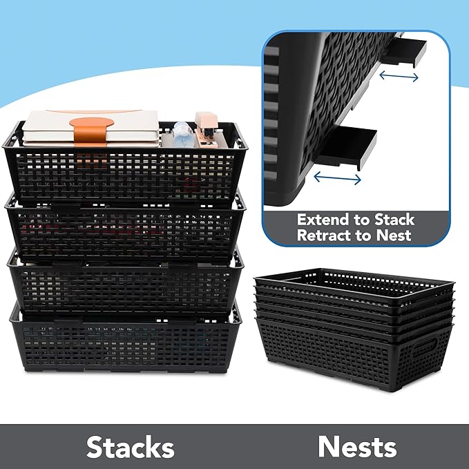 Stackable Woven Plastic Basket, Storage Bins for Cabinet, Closet, Shelf, Under Sink and Countertop, Pantry Organizer Bins, 6 Pack