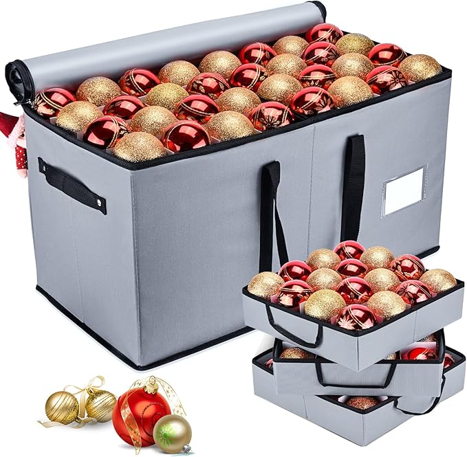 Mrrihand Christmas Ornament Storage Box, Ornament Storage Container with 8 Trays-Xmas Decoration Organizer Keeps 128 Holiday Ornaments 3-Inch, Dual Zipper Closure, 600D Tear-Proof（Grey）