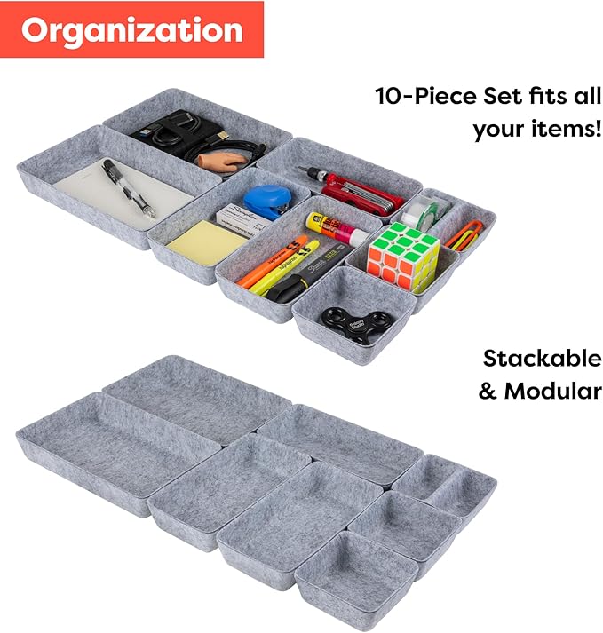 Rajas Goods Drawer Organizer Compatible with Ikea Alex Drawer Unit, 10-Piece Modular Felt Tray Organizer Set, Perfect Fit (Light)