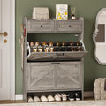 BORNOON Shoe Storage Cabinet for Entryway, Farmhouse Narrow Shoe Cabinet with 2 Flip Drawers & Top Drawers, Adjustable Shelves & Hooks, Freestanding Hidden Rack Organizer for Hallway, Foyer