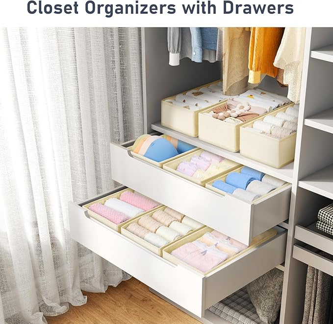 DIMJ Drawer Organizer Clothes - Underwear Organizer Small Sock Organizer Closet Organizers and Storage Box Dresser Drawer Dividers for Baby Clothes,Bra,Socks, Belt, Tie, Set of 6,Beige