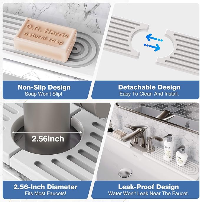 DK177 Faucet Mat for Kitchen Sink - Water Absorbing Stone Tray for Sink, Painted Wood Fast-Drying Faucet Mat, Faucet Splash Guard for Bathroom Counter (White, 15.8" x 4")