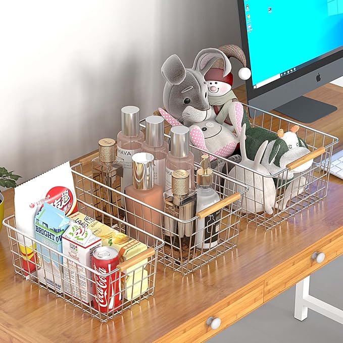 3 Pack Wire Storage Baskets for Organizing,Household Pantry Storage Freezer Baskets with Wooden Handles,Metal Storage Baskets for Bathroom, Laundry, Garage，Sliver