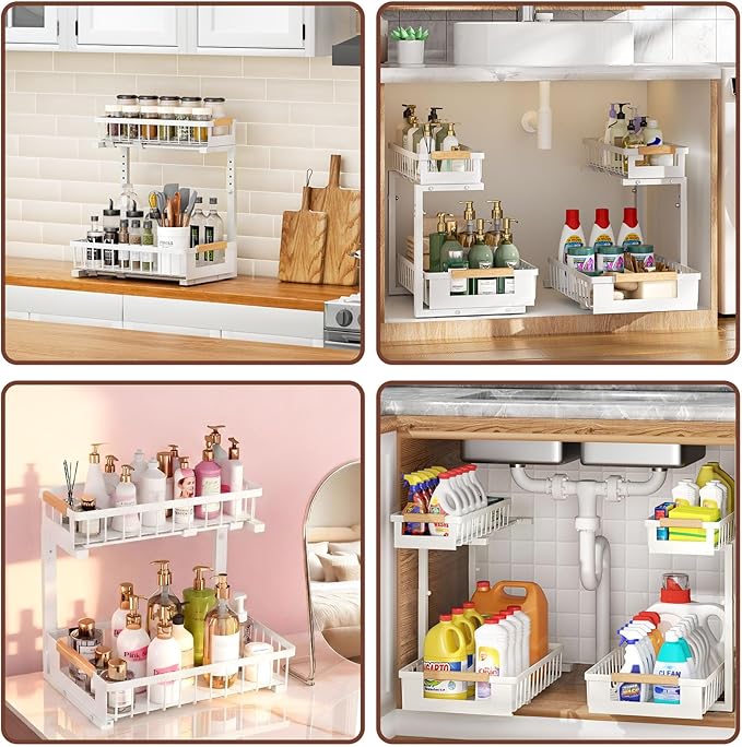 Under Sink Organizer 2-Pack 2 Tier Pull out Cabinet Organizer Shelf Metal Undersink Rack for Kitchen Bathroom Pantry Cabinet Organization and Storage, White