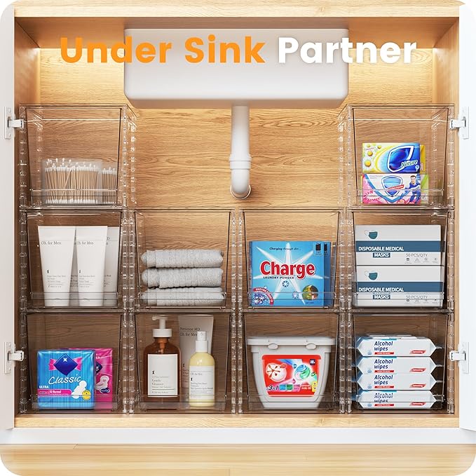 A-LuGei 【𝟰𝗣𝗖𝗦】 Acrylic Stackable Drawers, 11.8" L Makeup Organizer, Bathroom Organizer and Storage, Under Sink Organizer, Plastic Storage Bins