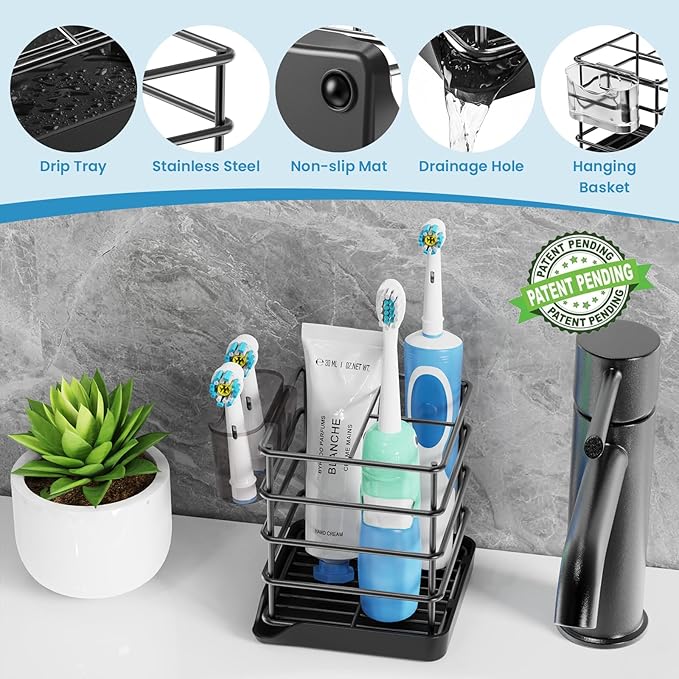 Toothbrush Holders for Bathrooms, Stainless Steel Toothbrush and Toothpaste Holder, Kids Electric 3 Slots Tooth Brushing Holder Stand for Bathroom Accessories Organizer with Tray, Black