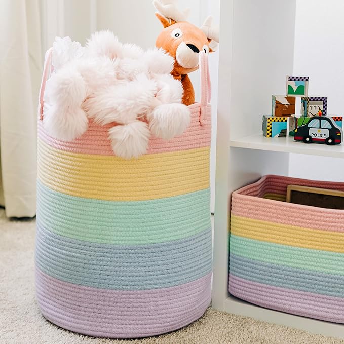 OrganiHaus Large Rainbow Woven Laundry Basket w/Handles 52L, Decorative Toy Storage Bin for Nursery, Colorful Blanket Basket for Playroom, Baby Laundry Hamper, Fun Kids Room Decor Organizer