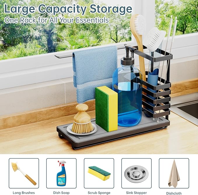 NiHome Multifunctional Kitchen Sink Caddy Organizer with Elevated Brush Holder, Quick-Drying Diatomaceous Earth Base Space-Saving Storage for Detergent Bottles, Sponges, Small Accessories