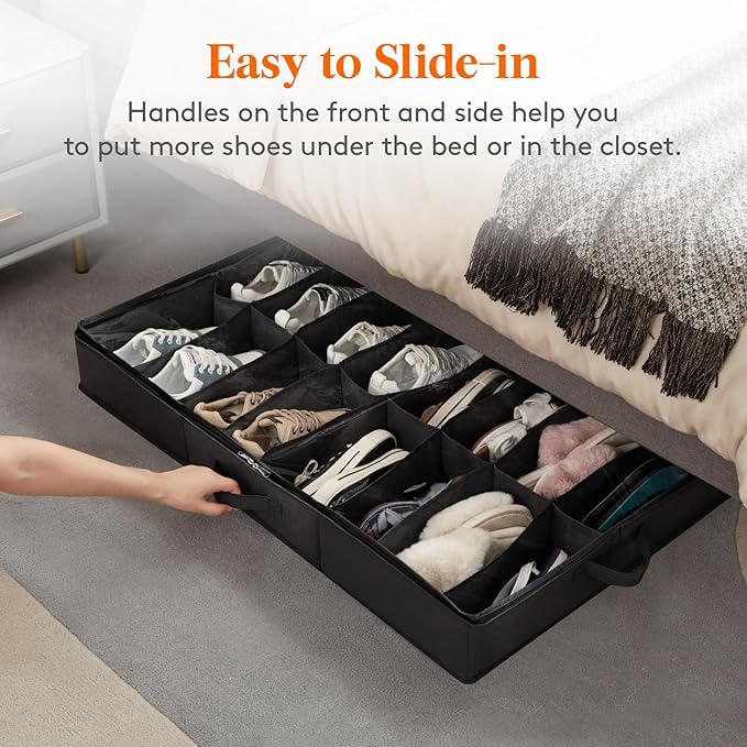 Lifewit Under Bed Shoe Storage Organizer 4 Pack(16 Pairs), 4.3" Tall Fabric Shoes Container Box, Foldable Closet Shoe Bag with 2 Reinforced Handles and Clear Cover, Black