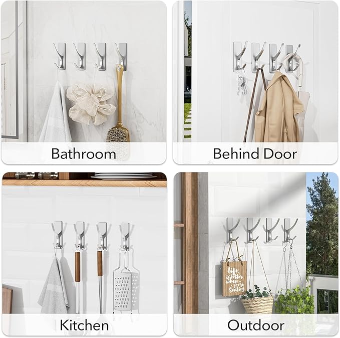 pickpiff Self Adhesive Coat Hooks for Hanging: Heavy Duty Stainless Wall Hook for Towel, Utensil, Backpack, Hat, Sturdy Metal Hanger for Bathroom, Kitchen, Door, 4-Pack, Silver, New