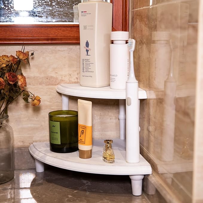 Defined Deco Kitchen Countertop Organizer-2 Tier Stackable Corner Shelf-White Bathroom Counter Organizer-Farmhouse Display Riser,Storage Pedestal Stand for Kitchen Counter Decor,Bathroom Storage Decor